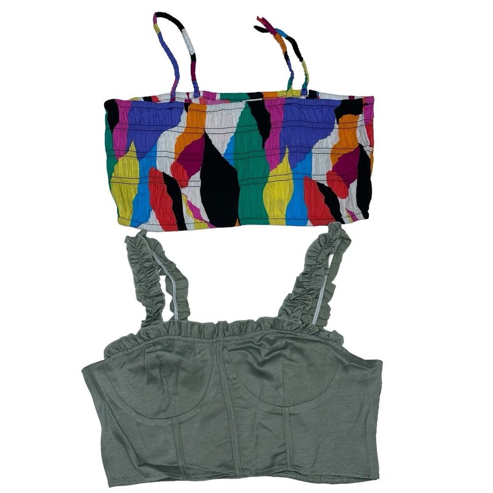 2 - Bandeau Crop Smocked Top‎ Women's Size XL Green & Multi Color NWT